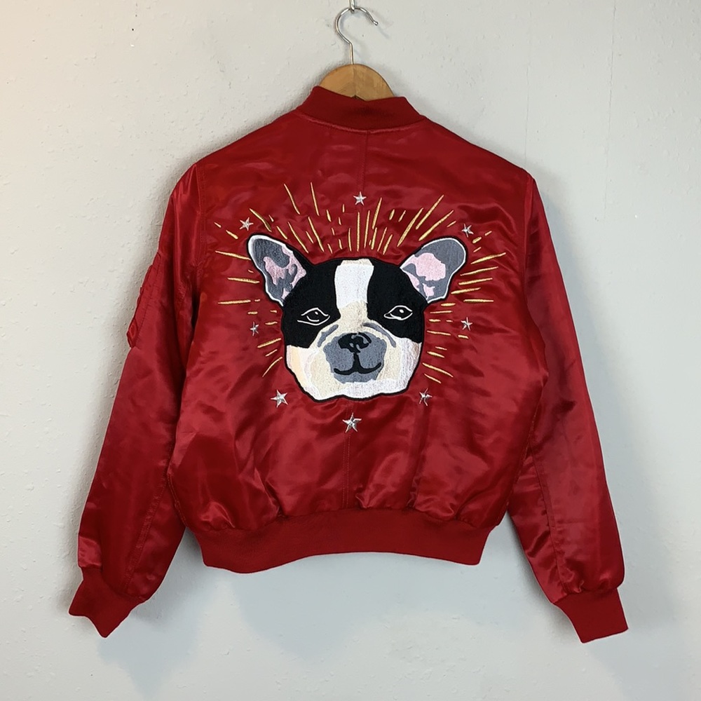 Gap Jacket Dog Embroidered Red Satin Bomber Full Zip Jacket Size XS New